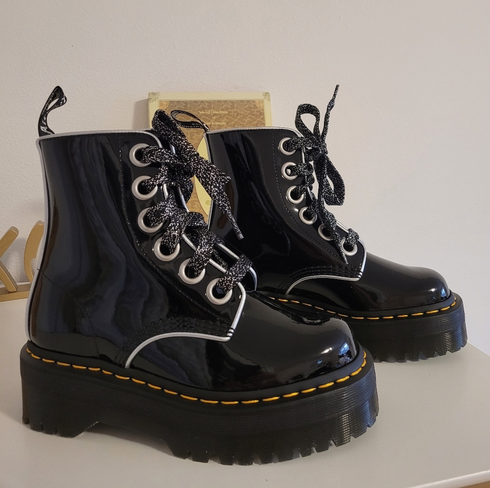 Dr. Martens Black Patent Platform Lace-Up Ankle Boots with Yellow Stitching